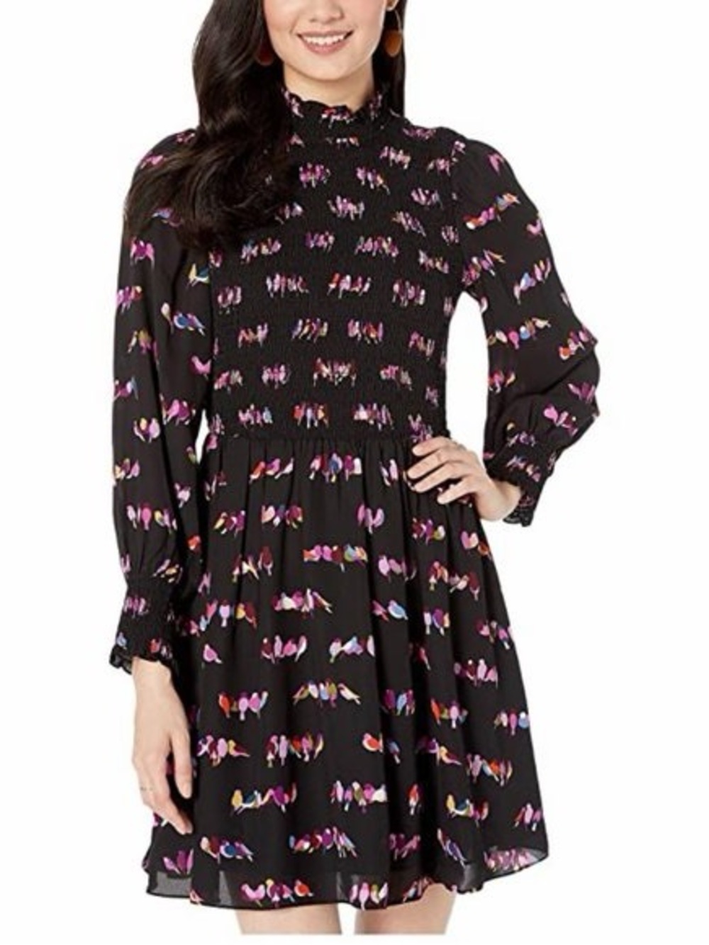 Kate Spade Black Smocked Neck Long Sleeve Floral Print Dress